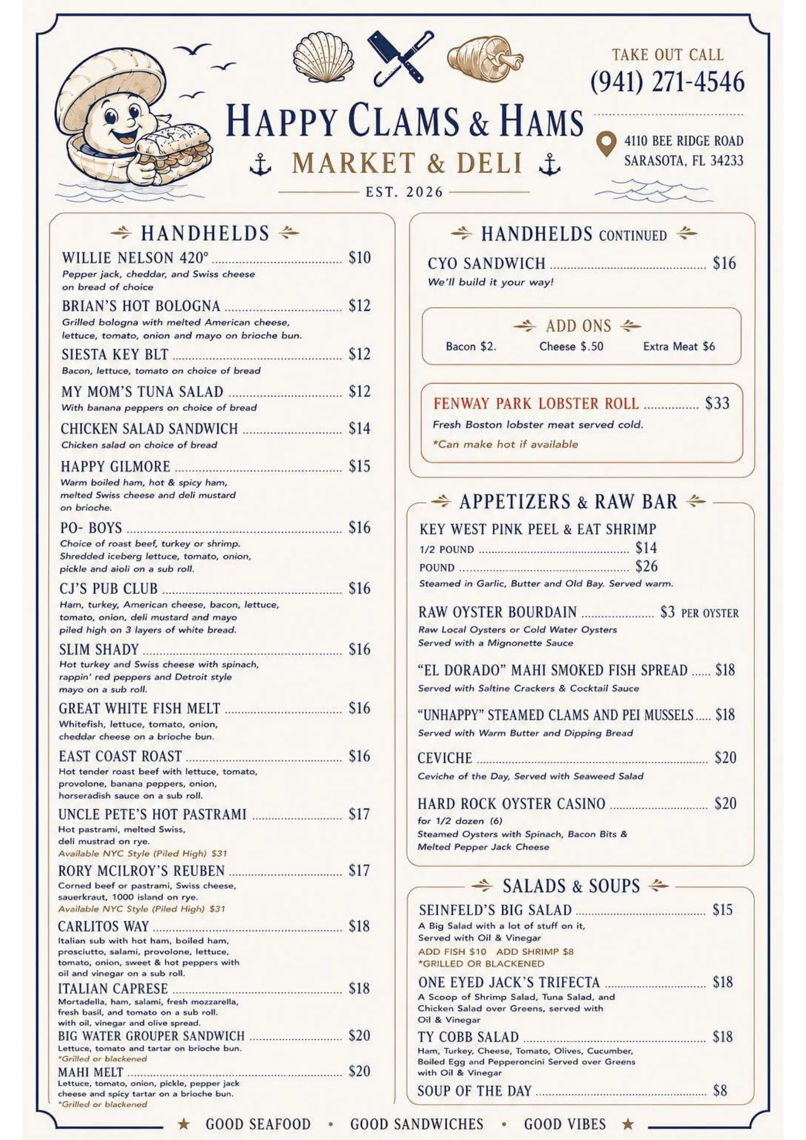 Happy Clams and Hams menu
