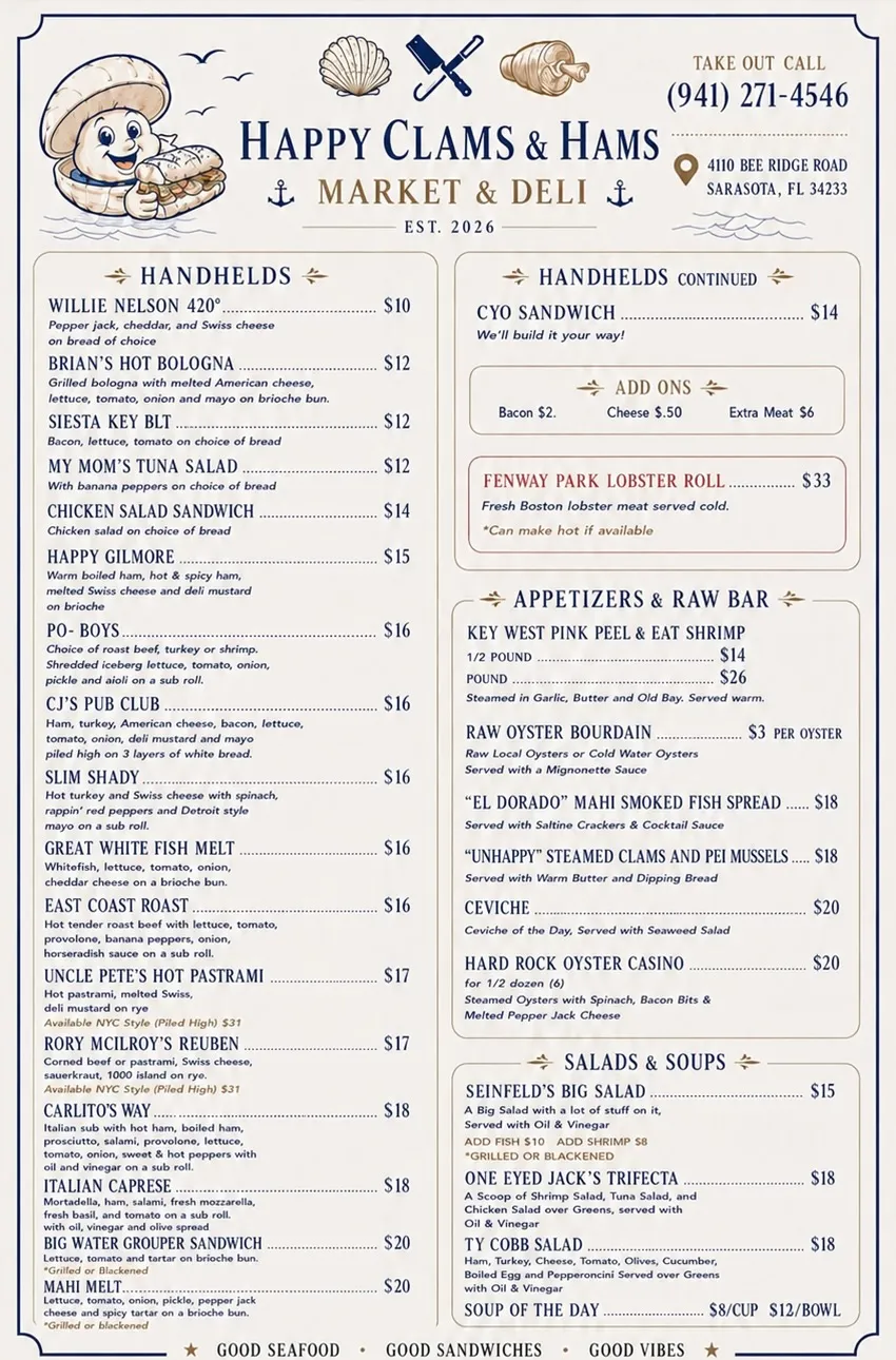 Happy Clams and Hams menu