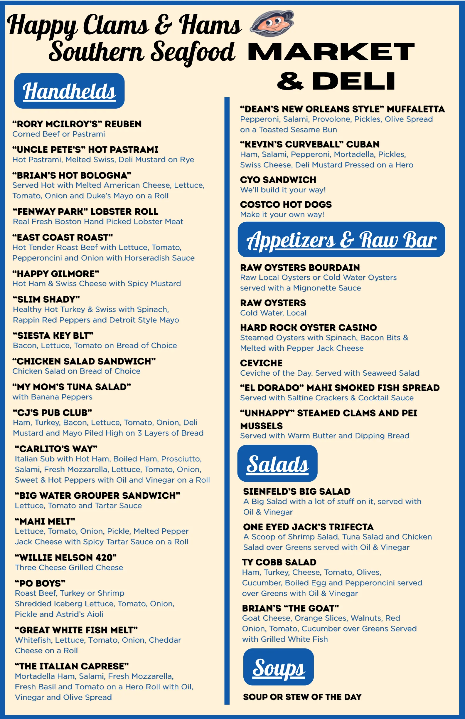 Happy Clams and Hams menu
