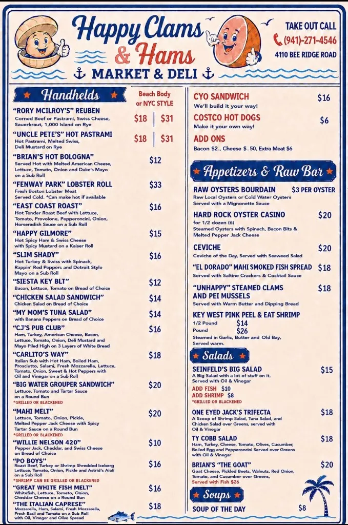 Happy Clams and Hams menu